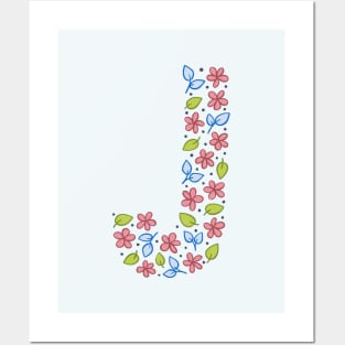 Floral Monogram Letter J - pink and blue Posters and Art